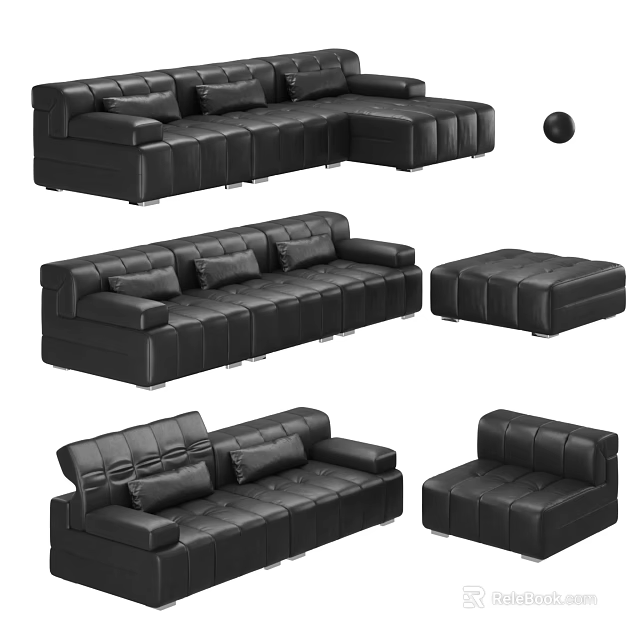 Black Leather Sectional Sofa Set with Modular Design and Ottoman Pieces 3d model