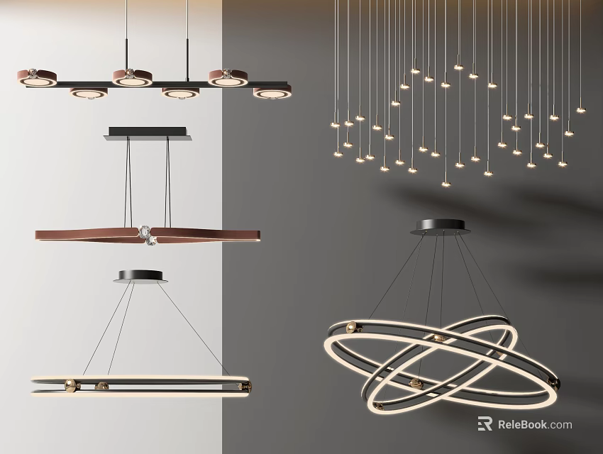 Modern Hanging Chandeliers With Circular Linear And Wooden Design Elements For Interior Lighting 3d model