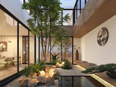 Serene Modern Courtyard Garden With Trees Pebbles Water Pond And Ambient Lighting 3d model