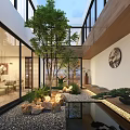 Serene Modern Courtyard Garden With Trees Pebbles Water Pond And Ambient Lighting