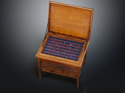 Sturdy Wooden Display Cabinet Shelf With Open Lid And Grid Compartments Inside 3d model