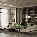 Modern Living Room Interior Design With Green Sofa Arched Bookshelves And Marble Floor