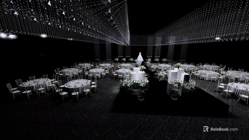 Elegant Wedding Banquet Hall With White Tablecloths Flower Arrangements And Chandeliers 3d model 