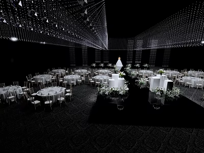 Elegant Wedding Banquet Hall With White Tablecloths Flower Arrangements And Chandeliers 3d model