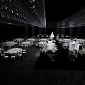 Elegant Wedding Banquet Hall With White Tablecloths Flower Arrangements And Chandeliers