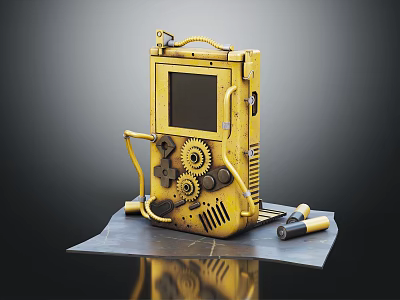 Vintage Yellow Electronic Appliance With Mechanical Gears Control Panel And Screen 3d model