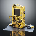Vintage Yellow Electronic Appliance With Mechanical Gears Control Panel And Screen 3d model