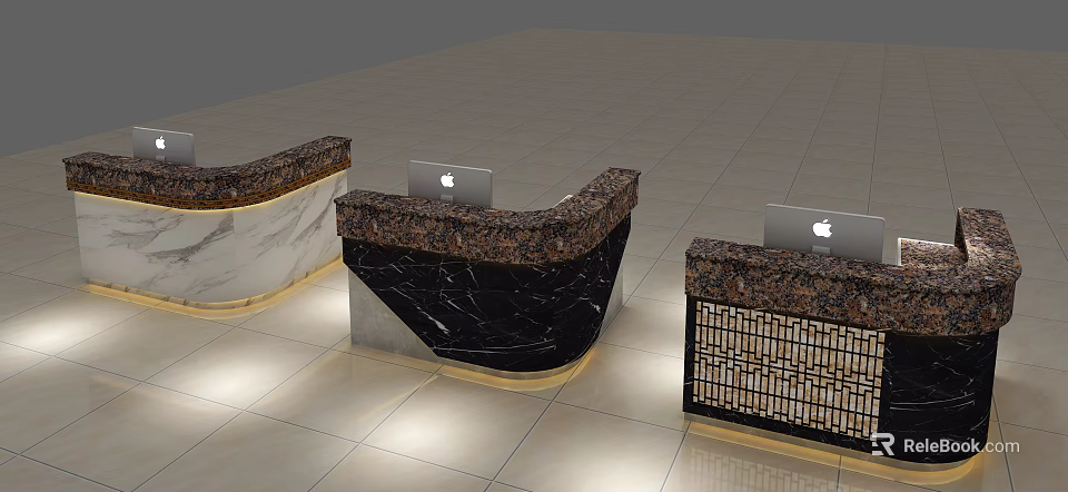 Modern Reception Desks With Black Brown Marble Countertops And MacBook Displays 3d model 