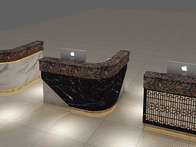Modern Reception Desks With Black Brown Marble Countertops And MacBook Displays 3d model