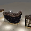 Modern Reception Desks With Black Brown Marble Countertops And MacBook Displays