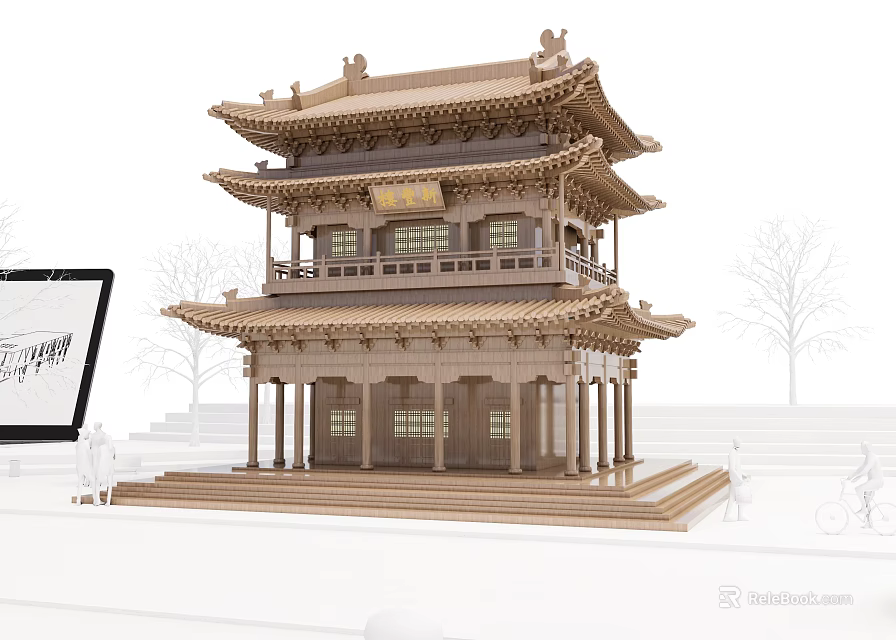 Ancient Chinese Architecture Three Story Wooden Pavilion With Overhanging Eaves And Traditional Design Elements 3d model 