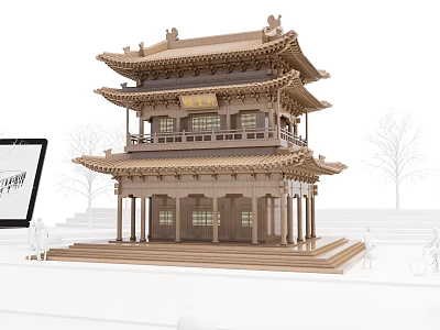 Ancient Chinese Architecture Three Story Wooden Pavilion With Overhanging Eaves And Traditional Design Elements 3d model