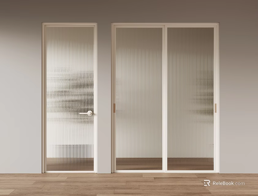 Modern Sliding Doors With Vertical Striped Glass And White Frames For Interior Design 3d model 
