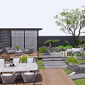 Serene Garden Design With Lawn Trees Purple Flowers Stone Steps Wooden Deck And Sofa Seats