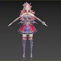 Woman With Pink Hair Decorative Headpiece Purple Pink Outfit Short Skirt And Knee High Boots