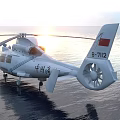 White Civilian Helicopter With Rotors Clear Windows Over Calm Water Surface