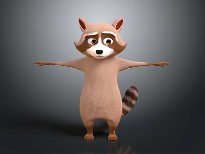 3D Raccoon Character Standing With Arms Outstretched Surprised Expression Brown Gray Fur And Striped Tail 3d model