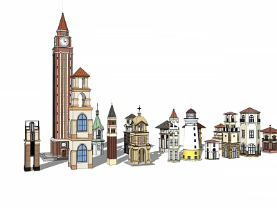 Historic Clock Tower And Assorted Architectural Towers With Diverse Roof Designs 3d model