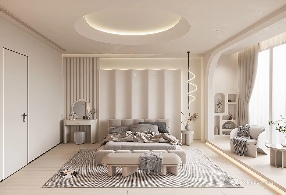 Modern Light Toned Bedroom Interior Design With Soft Lighting And Upholstered Headboard 3d model 