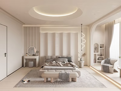 Modern Light Toned Bedroom Interior Design With Soft Lighting And Upholstered Headboard 3d model