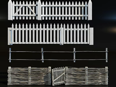 White Picket Fences and Wicker Fences with Gates in Various Designs 3d model