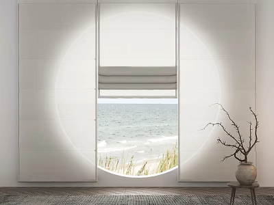Elegant White Curtains For Circular Window With Ocean View And Indoor Branch Vase 3d model