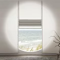 Elegant White Curtains For Circular Window With Ocean View And Indoor Branch Vase