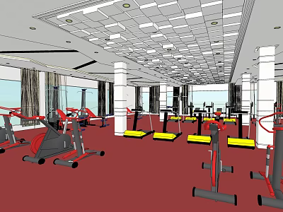 Spacious Fitness Gym Interior With Treadmills Step Machines Red Floor Columns And Ceiling Design 3d model