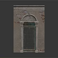 Historic Stone Building Window Frame With Arched Top Grid Panes And Weathered Texture
