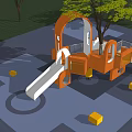 Outdoor Children Playground Structure With Orange White Slide Trees And Grass Area