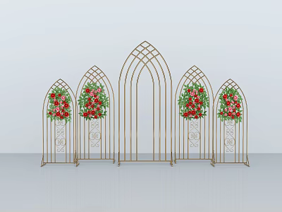 Golden Metal Arched Decorative Structures With Red Green Floral Arrangements 3d model
