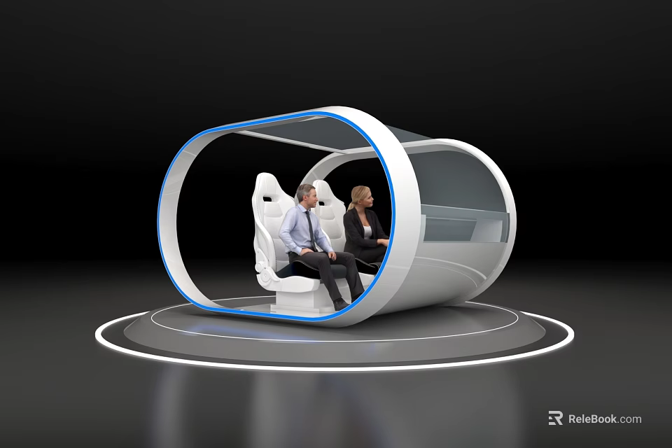 Futuristic Cylindrical Pod Interior With Two People On White Seats And Blue Accents 3d model 