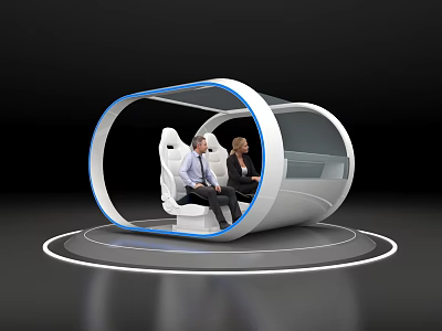 Futuristic Cylindrical Pod Interior With Two People On White Seats And Blue Accents 3d model