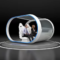 Futuristic Cylindrical Pod Interior With Two People On White Seats And Blue Accents