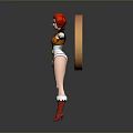 Woman With Red Hair In Orange White Outfit Arms Outstretched Red Boots Circular Black Background