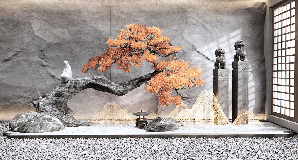 Chinese Style Feature Wall with Orange Tree White Bird Stone Lions and Rockery Elements 3d model 