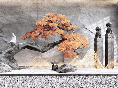 Chinese Style Feature Wall with Orange Tree White Bird Stone Lions and Rockery Elements 3d model