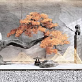 Chinese Style Feature Wall with Orange Tree White Bird Stone Lions and Rockery Elements