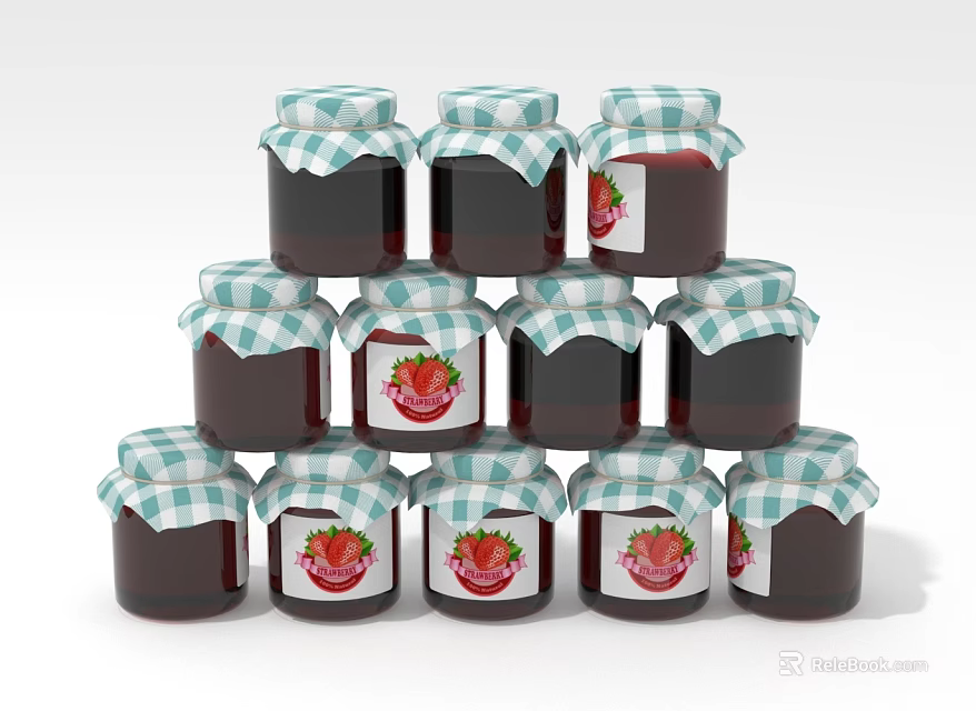 Strawberry Jam Filled Glass Jars Stacked in Pyramid Shape on White Background 3d model 