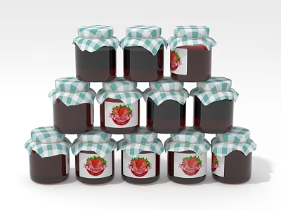 Strawberry Jam Filled Glass Jars Stacked in Pyramid Shape on White Background 3d model
