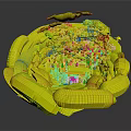 Vibrant Green 3D Landscape Model With Lush Forest Trees And Floating Clouds