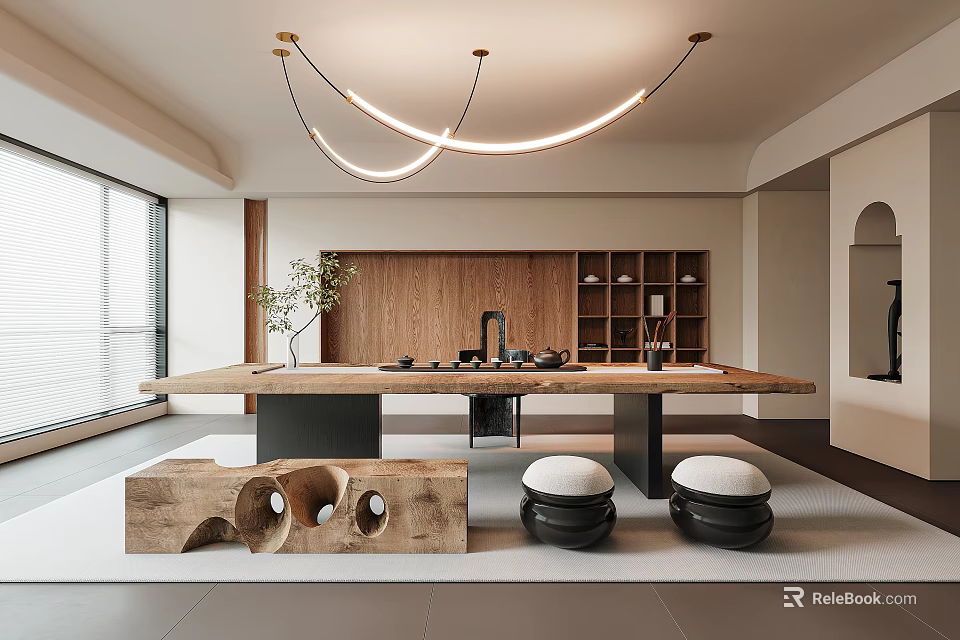 Modern Tea Room With Long Wooden Table Hanging Curved Lights Wooden Wall And Low Stools 3d model 