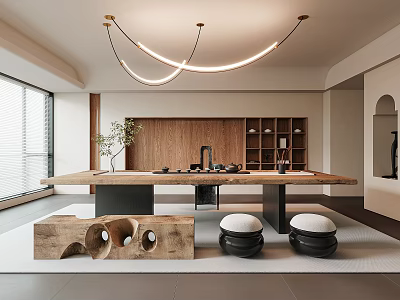 Modern Tea Room With Long Wooden Table Hanging Curved Lights Wooden Wall And Low Stools 3d model