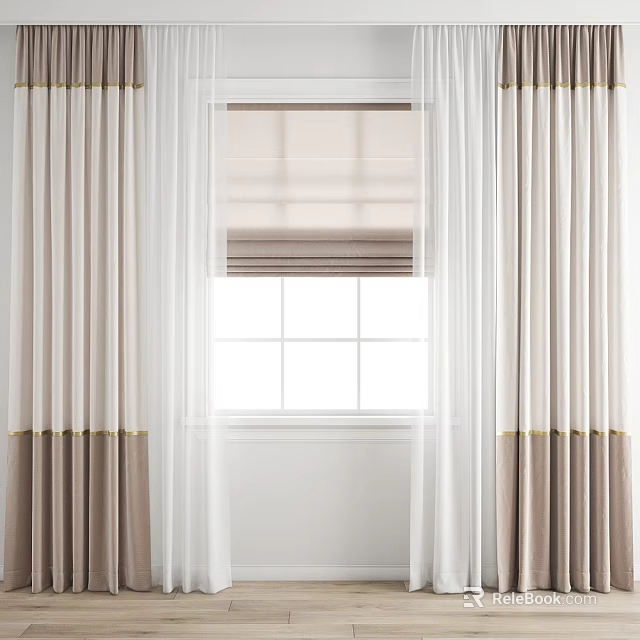 Elegant Modern Curtains with Beige Brown Gradient Golden Accents and Roller Blind on White Window 3d model 