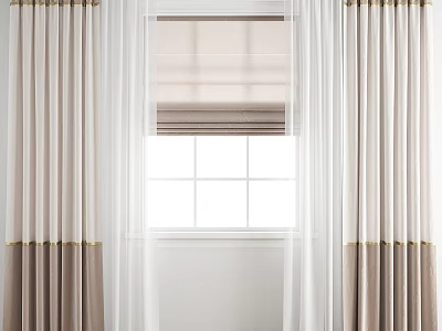 Elegant Modern Curtains with Beige Brown Gradient Golden Accents and Roller Blind on White Window 3d model