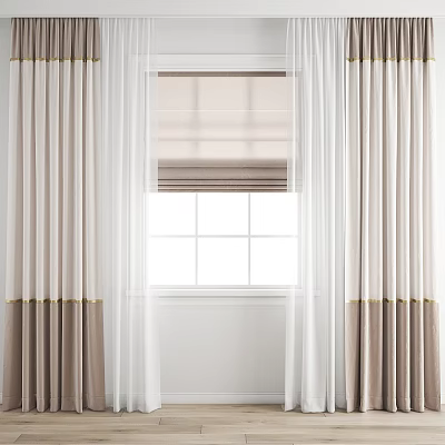Elegant Modern Curtains with Beige Brown Gradient Golden Accents and Roller Blind on White Window 3d model
