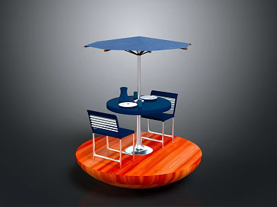 Outdoor Patio Setup With Round Table Blue Umbrella Chairs And Wooden Platform 3d model