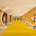Spacious Corridor Featuring Yellow Carpet Curved Decorative Structures Wall Displays And Mannequins