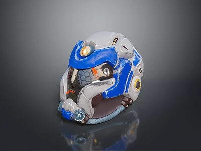Blue And White Weapon Helmet For Sci Fi Combat With Yellow Tech Details 3d model