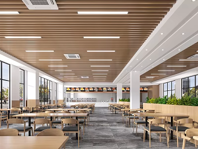 Spacious Restaurant Interior With Wooden Ceiling Linear Lights Green Plants Tables Chairs And Large Windows 3d model